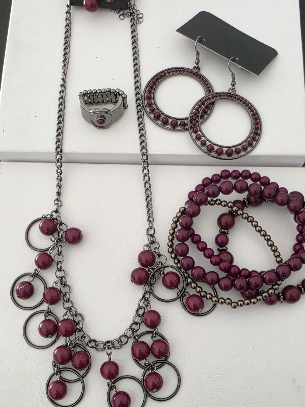 Women's Gunmetal Necklace, Bracelet & Earring Set with Purple Beads
